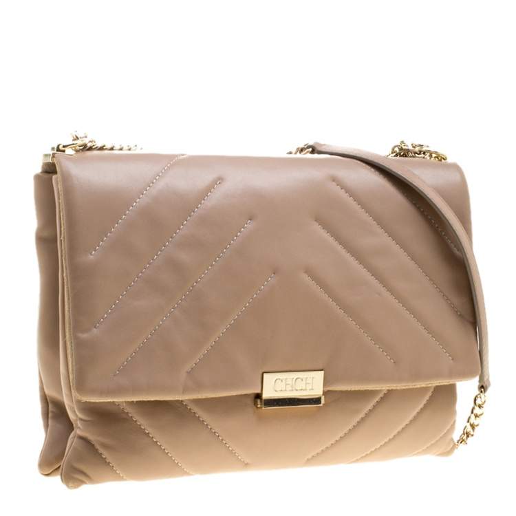 Pre Owned Carolina Herrera Beige Leather Shoulder Bag