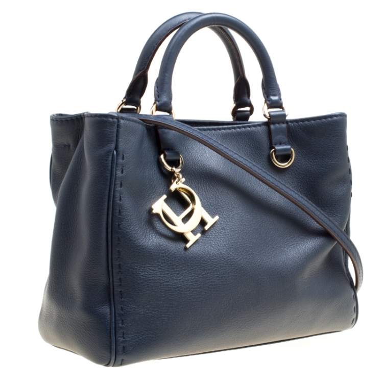 Pre Owned Carolina Herrera Navy Blue Leather Top Handle Bag
