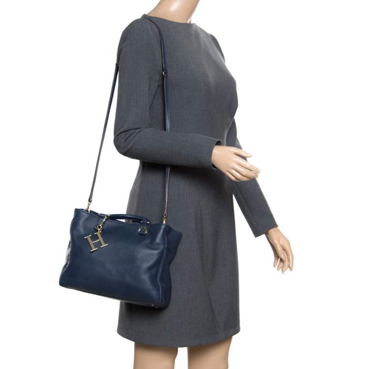 Pre Owned Carolina Herrera Navy Blue Leather Top Handle Bag