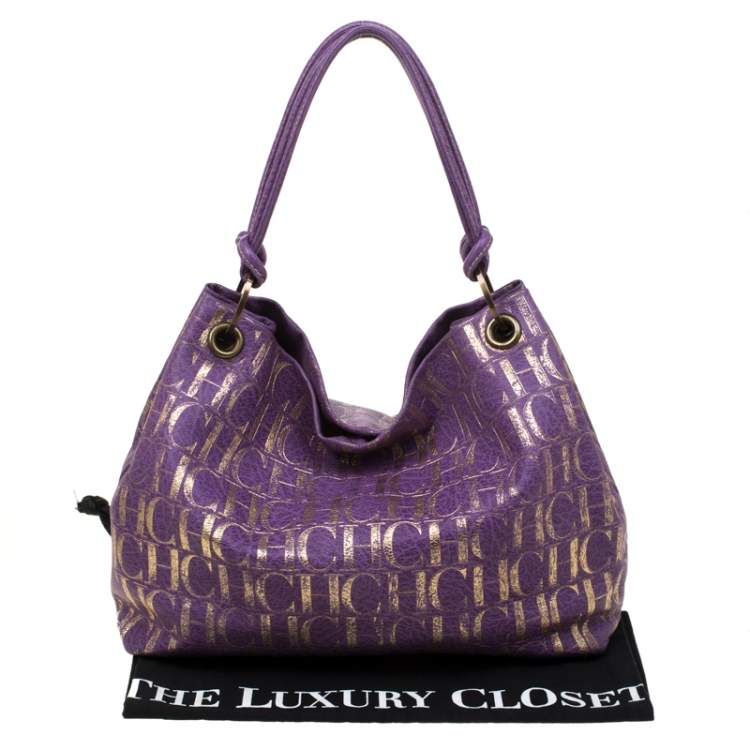 Pre Owned Carolina Herrera Purple/Gold Monogram Leather Hobo