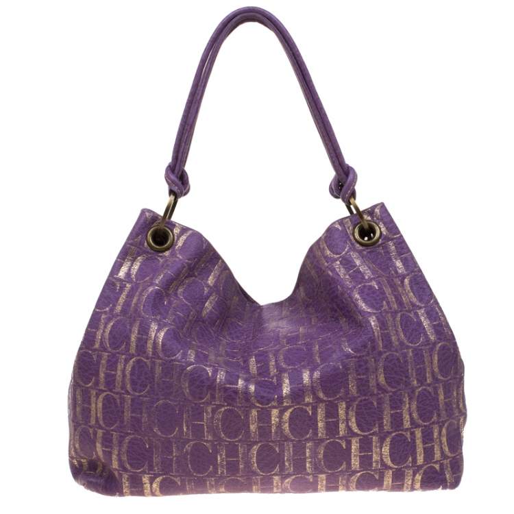 Pre Owned Carolina Herrera Purple/Gold Monogram Leather Hobo