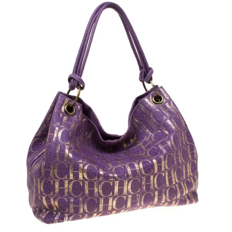 Pre Owned Carolina Herrera Purple/Gold Monogram Leather Hobo