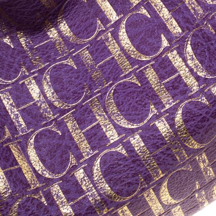 Pre Owned Carolina Herrera Purple/Gold Monogram Leather Hobo