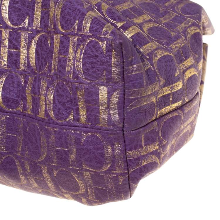 Pre Owned Carolina Herrera Purple/Gold Monogram Leather Hobo