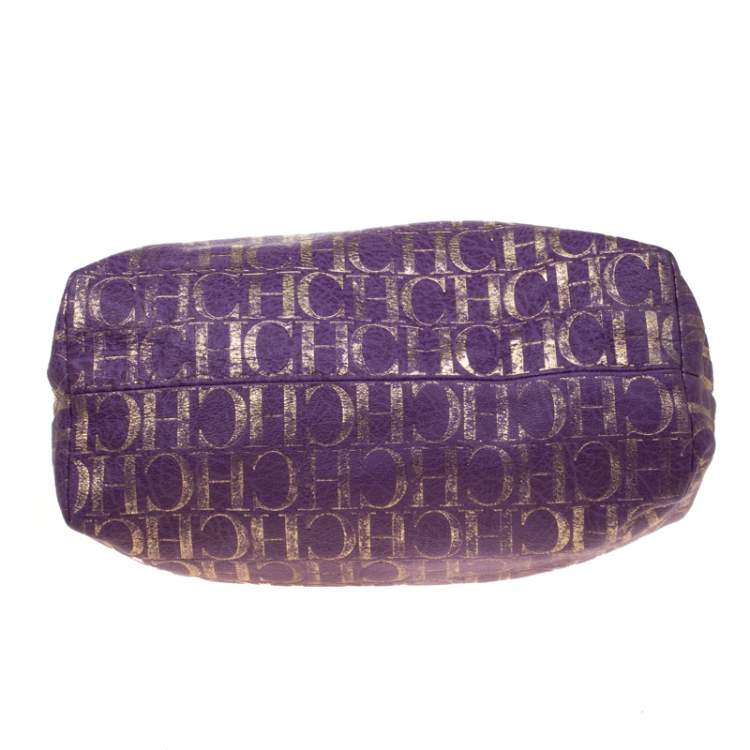 Pre Owned Carolina Herrera Purple/Gold Monogram Leather Hobo