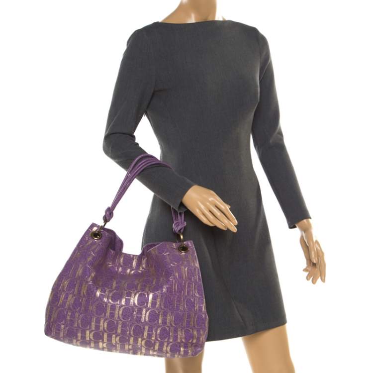 Pre Owned Carolina Herrera Purple/Gold Monogram Leather Hobo