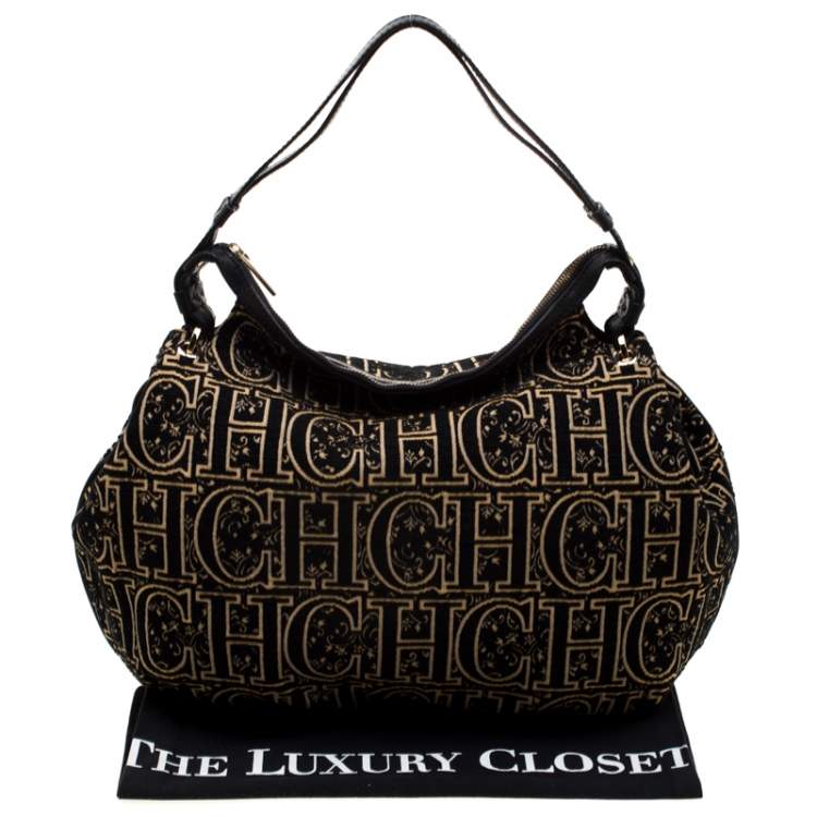 Pre Owned Carolina Herrera Black/Gold Monogram Velvet and Leather Hobo