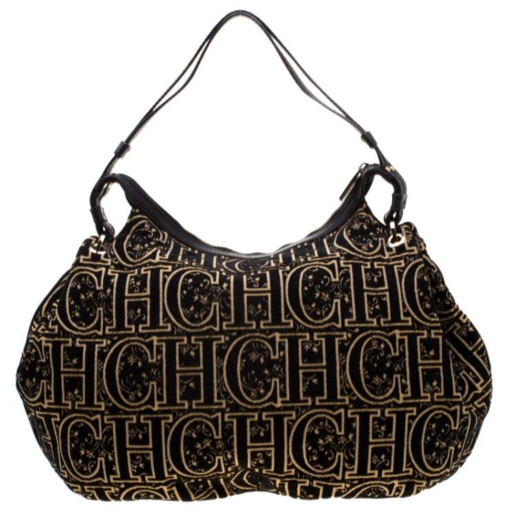 Pre Owned Carolina Herrera Black/Gold Monogram Velvet and Leather Hobo
