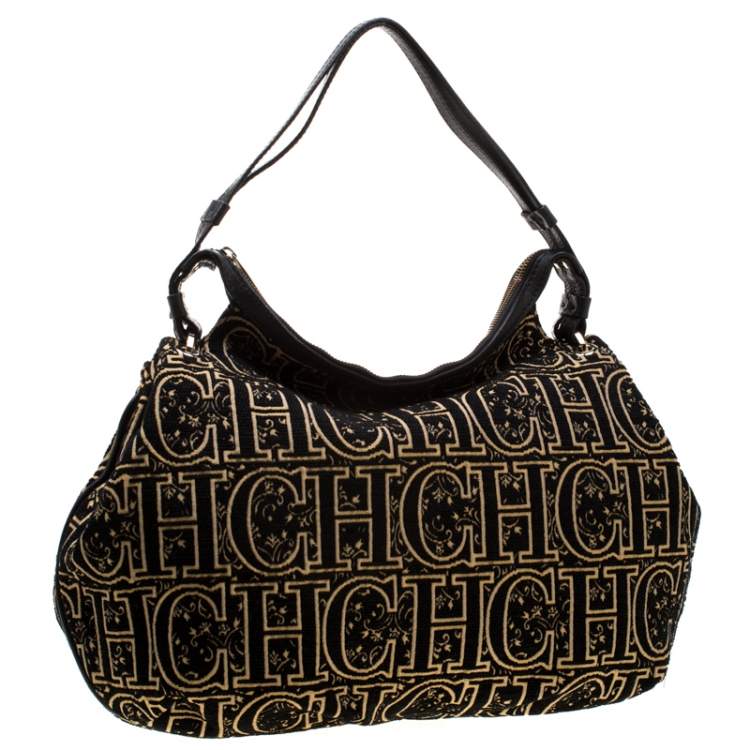 Pre Owned Carolina Herrera Black/Gold Monogram Velvet and Leather Hobo