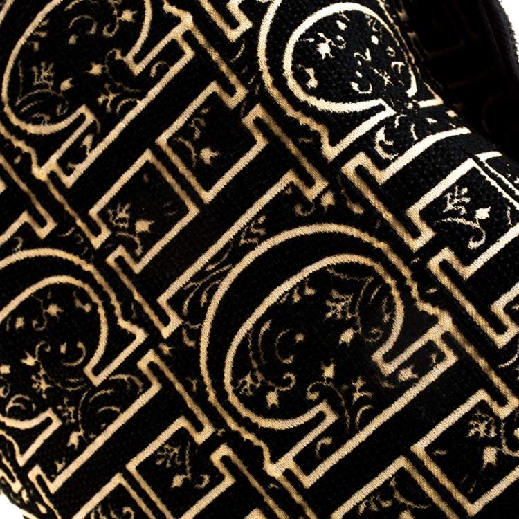 Pre Owned Carolina Herrera Black/Gold Monogram Velvet and Leather Hobo