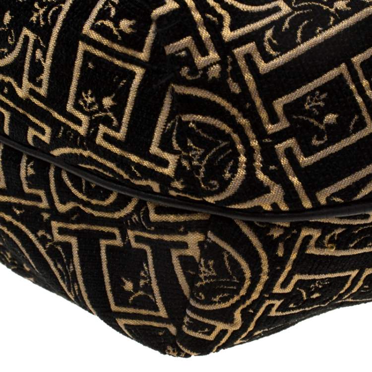 Pre Owned Carolina Herrera Black/Gold Monogram Velvet and Leather Hobo