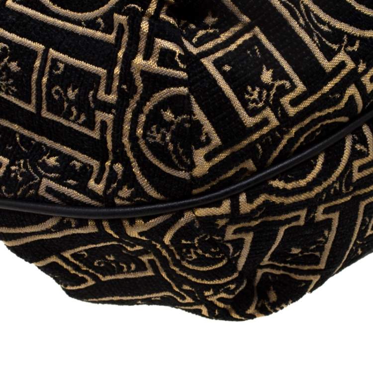 Pre Owned Carolina Herrera Black/Gold Monogram Velvet and Leather Hobo