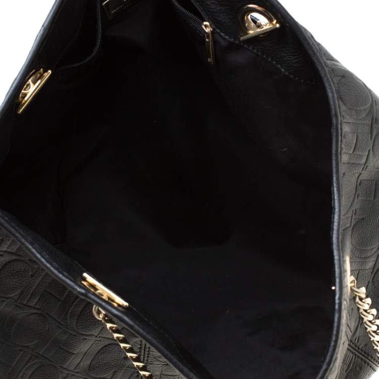 Pre Owned Carolina Herrera Black Monogram Leather Poppy Hobo