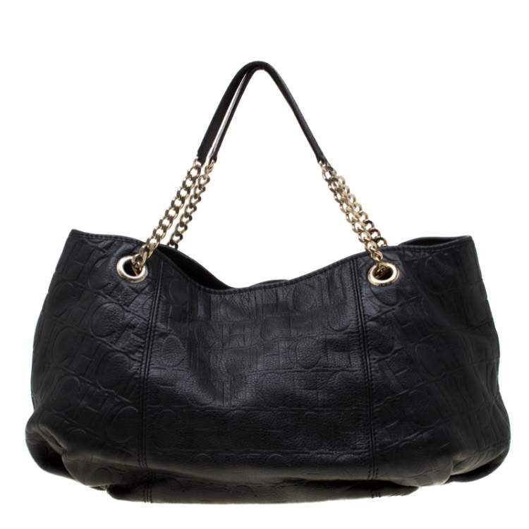 Pre Owned Carolina Herrera Black Monogram Leather Poppy Hobo