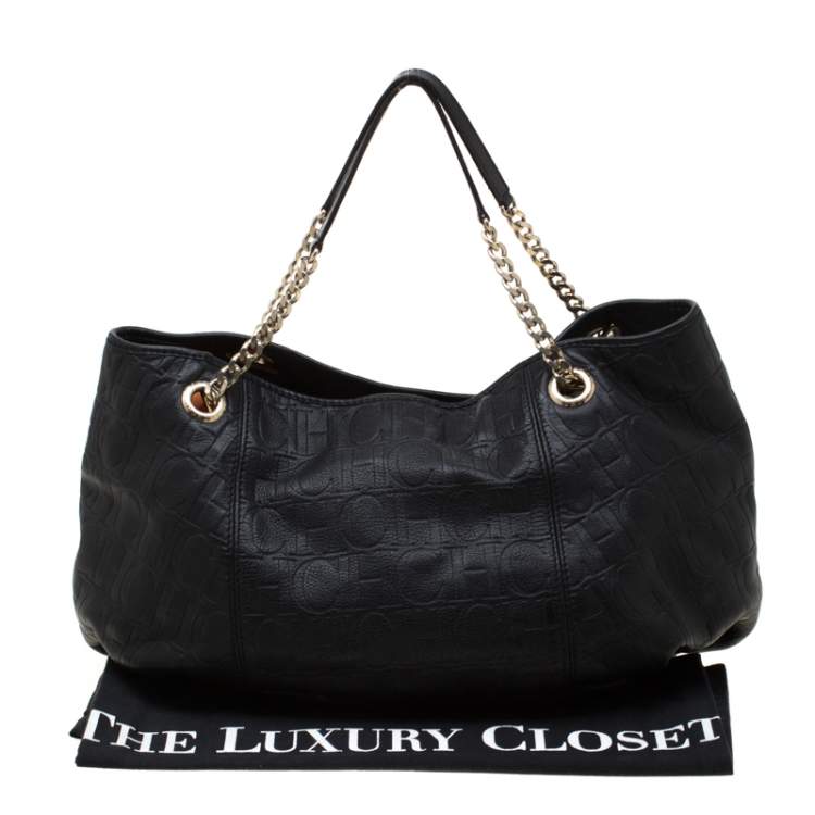 Pre Owned Carolina Herrera Black Monogram Leather Poppy Hobo