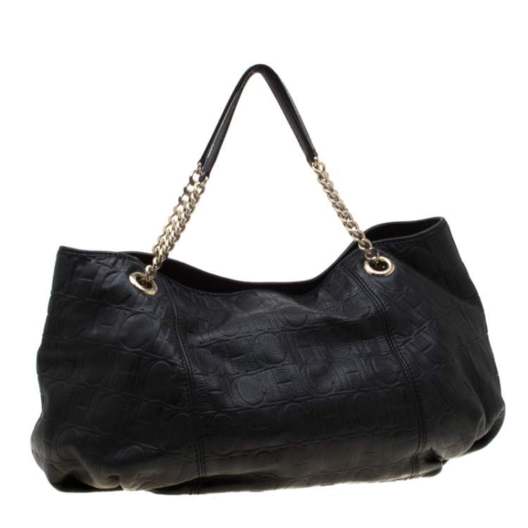 Pre Owned Carolina Herrera Black Monogram Leather Poppy Hobo