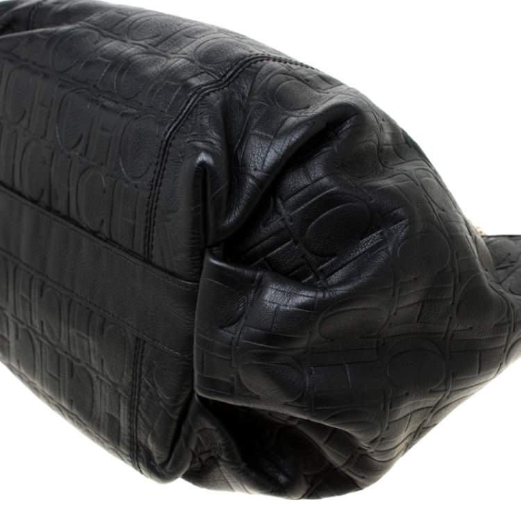 Pre Owned Carolina Herrera Black Monogram Leather Poppy Hobo