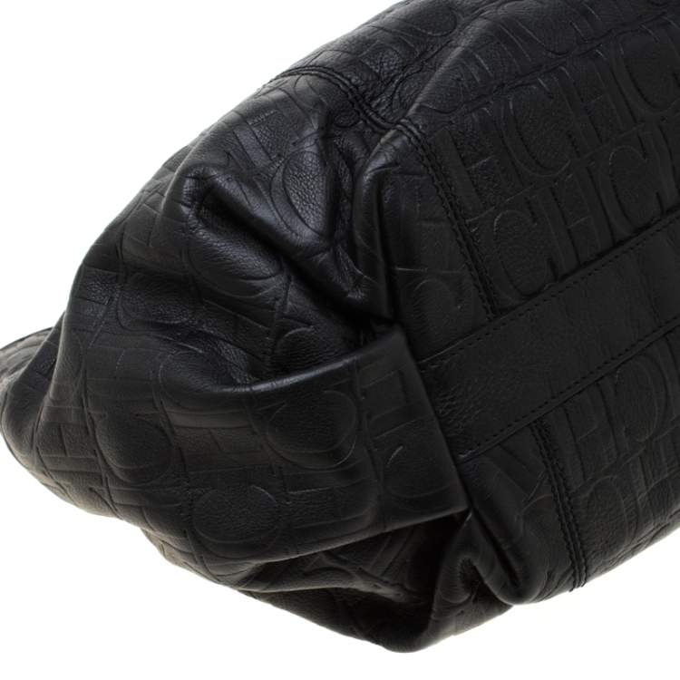 Pre Owned Carolina Herrera Black Monogram Leather Poppy Hobo