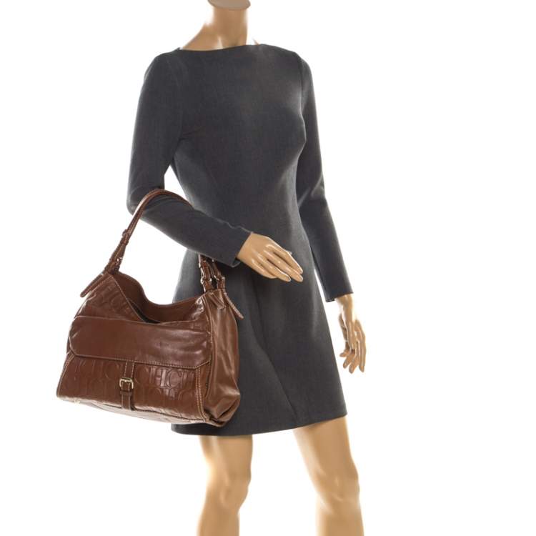 Pre Owned Carolina Herrera Tan Monogram Leather Shoulder Bag