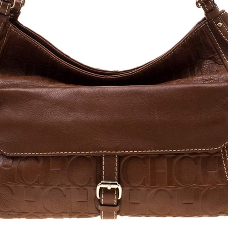 Pre Owned Carolina Herrera Tan Monogram Leather Shoulder Bag