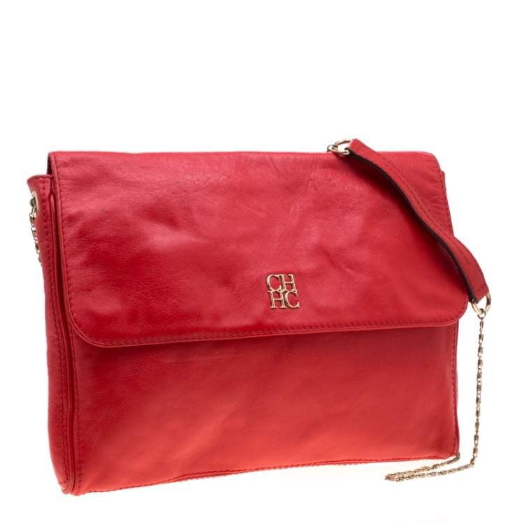 Pre Owned Carolina Herrera Red Leather Flap Shoulder Bag