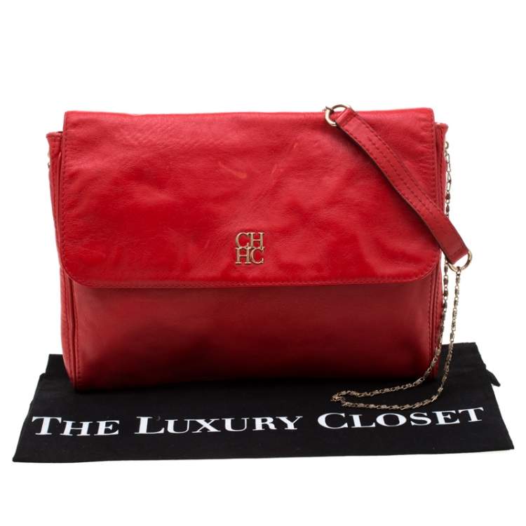 Pre Owned Carolina Herrera Red Leather Flap Shoulder Bag