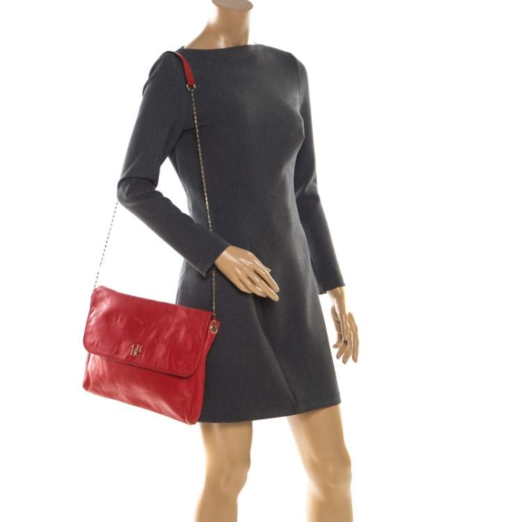 Pre Owned Carolina Herrera Red Leather Flap Shoulder Bag