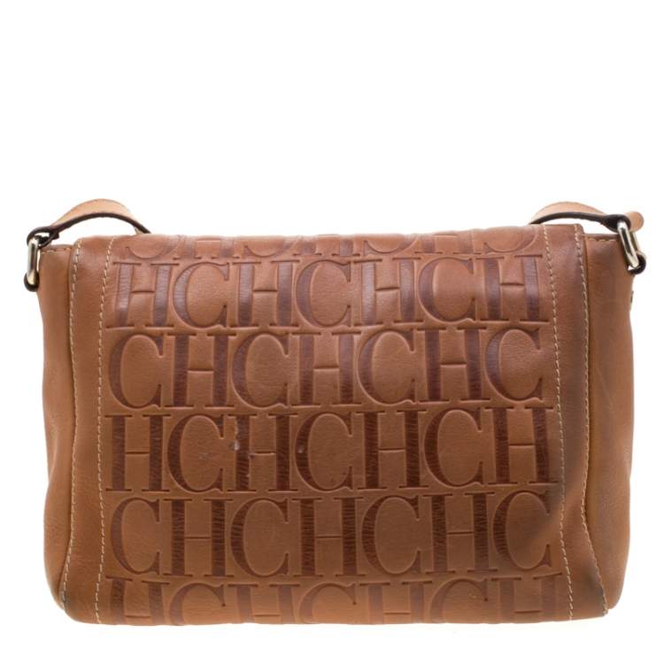 Pre Owned Carolina Herrera Brown Monogram Leather Shoulder Bag