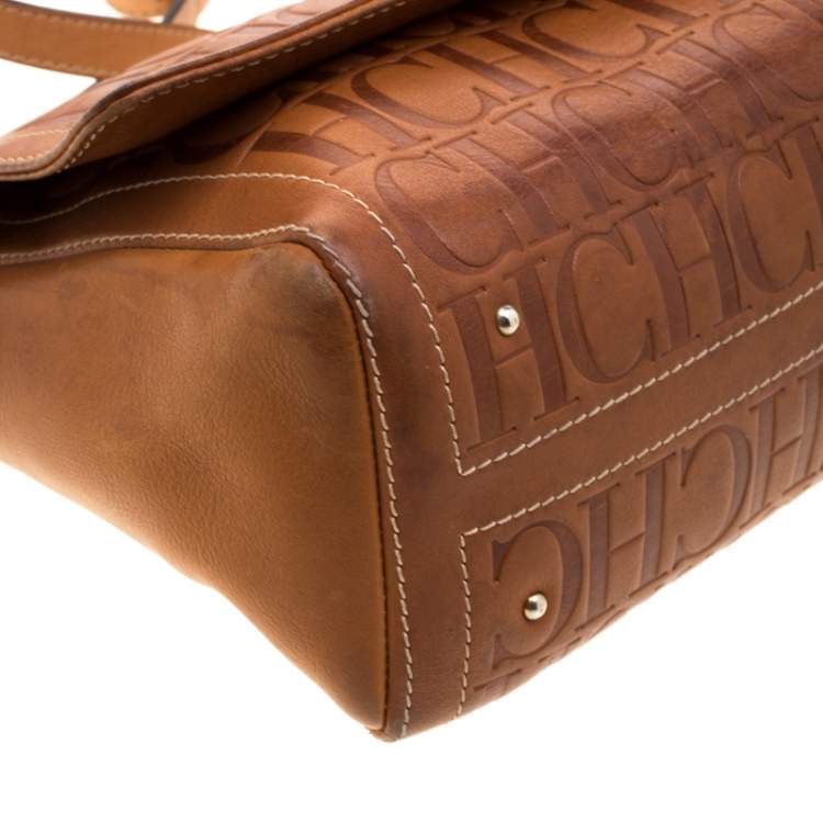 Pre Owned Carolina Herrera Brown Monogram Leather Shoulder Bag