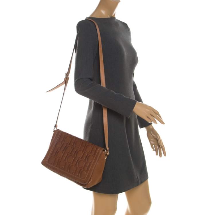 Pre Owned Carolina Herrera Brown Monogram Leather Shoulder Bag