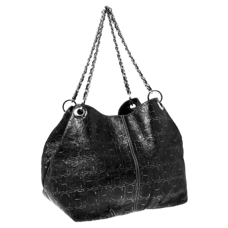 Pre Owned Carolina Herrera Black Monogram Leather Chain Shoulder Bag    