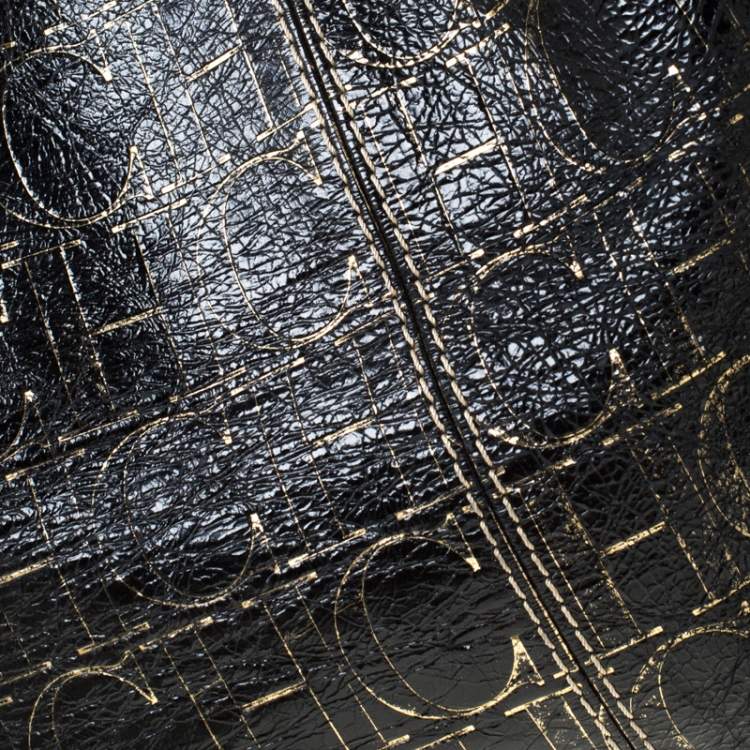 Pre Owned Carolina Herrera Black Monogram Leather Chain Shoulder Bag    