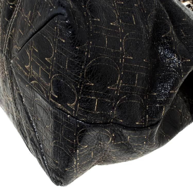 Pre Owned Carolina Herrera Black Monogram Leather Chain Shoulder Bag    