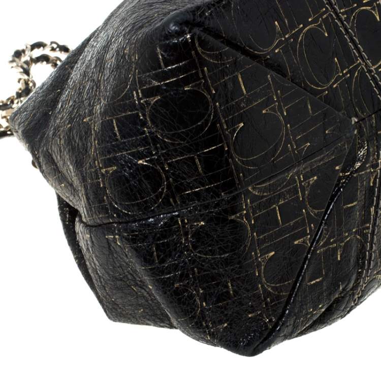 Pre Owned Carolina Herrera Black Monogram Leather Chain Shoulder Bag    