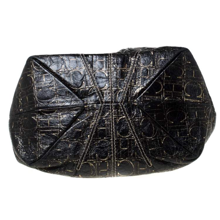 Pre Owned Carolina Herrera Black Monogram Leather Chain Shoulder Bag    