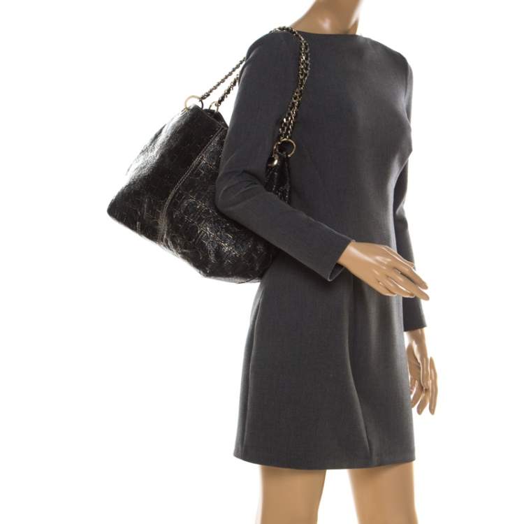 Pre Owned Carolina Herrera Black Monogram Leather Chain Shoulder Bag    