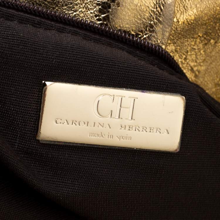 Pre Owned Carolina Herrera Gold Metallic Monogram Leather Chain Hobo