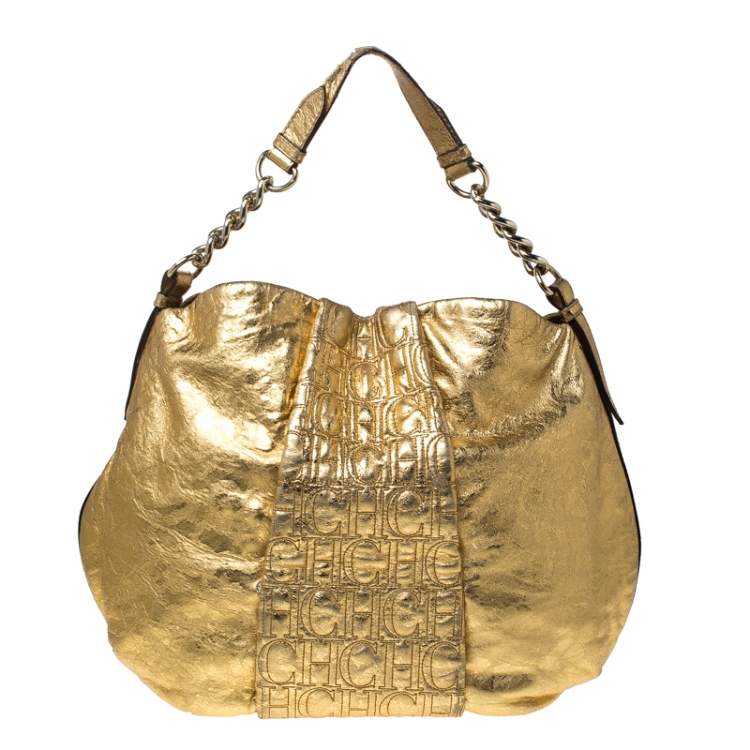 Pre Owned Carolina Herrera Gold Metallic Monogram Leather Chain Hobo