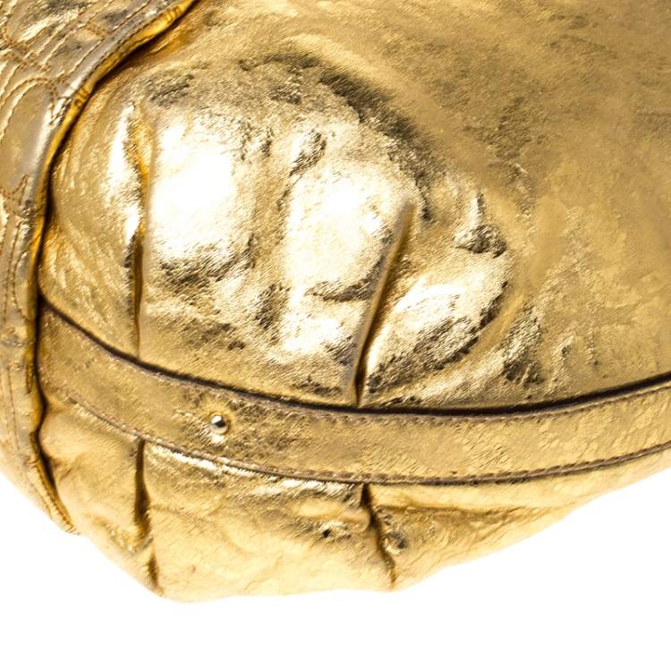 Pre Owned Carolina Herrera Gold Metallic Monogram Leather Chain Hobo