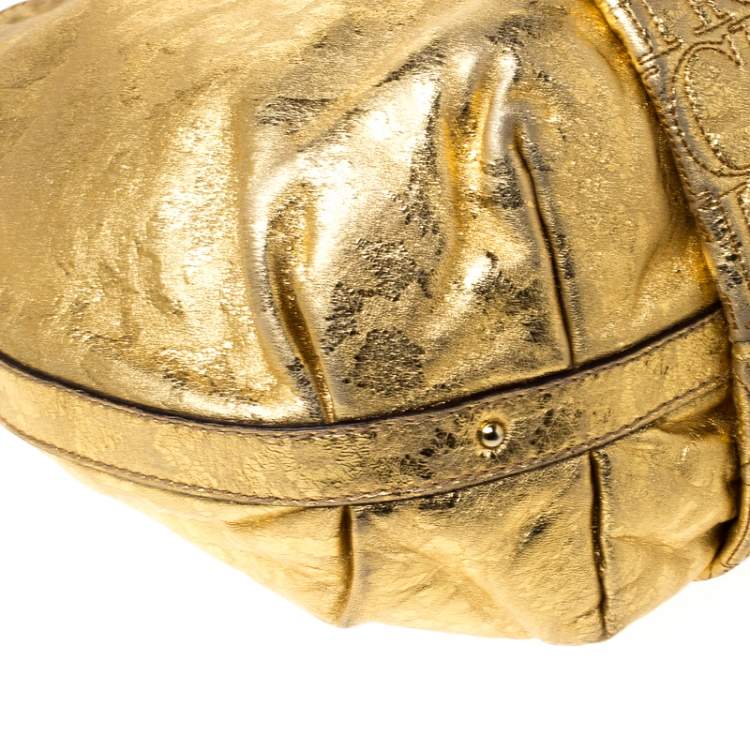 Pre Owned Carolina Herrera Gold Metallic Monogram Leather Chain Hobo