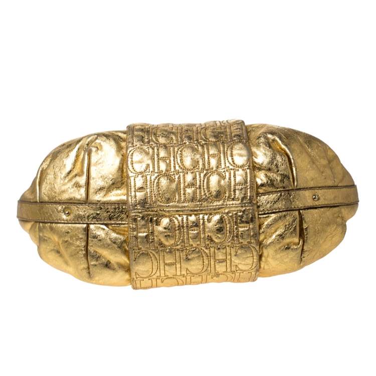 Pre Owned Carolina Herrera Gold Metallic Monogram Leather Chain Hobo