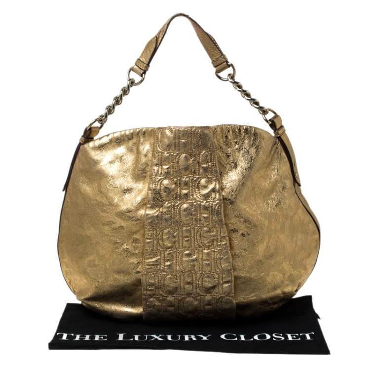 Pre Owned Carolina Herrera Gold Metallic Monogram Leather Chain Hobo
