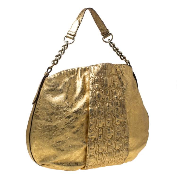 Pre Owned Carolina Herrera Gold Metallic Monogram Leather Chain Hobo
