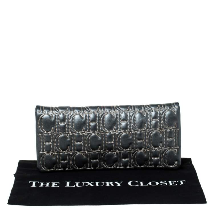 Pre Owned Carolina Herrera Dark Grey Monogram Leather Flap Continental Wallet