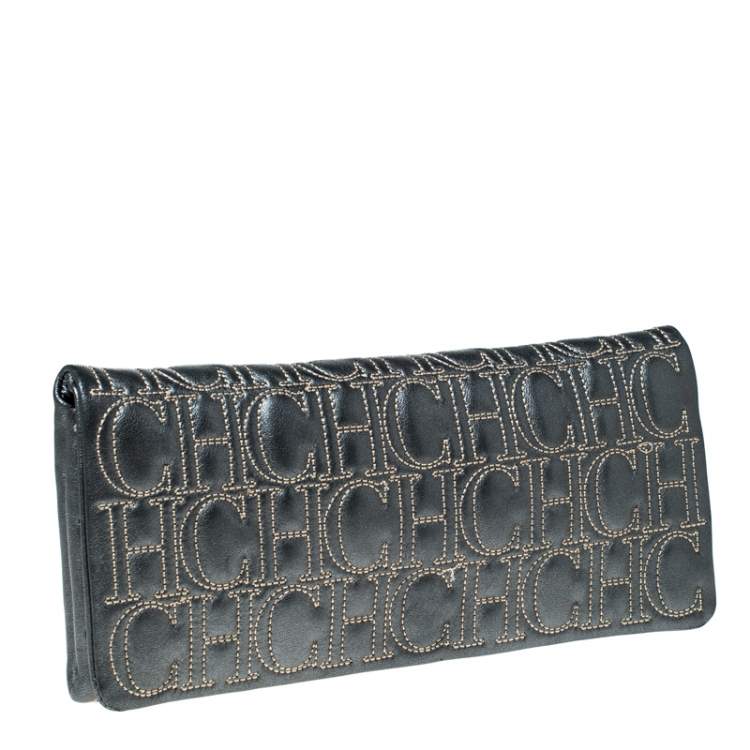 Pre Owned Carolina Herrera Dark Grey Monogram Leather Flap Continental Wallet