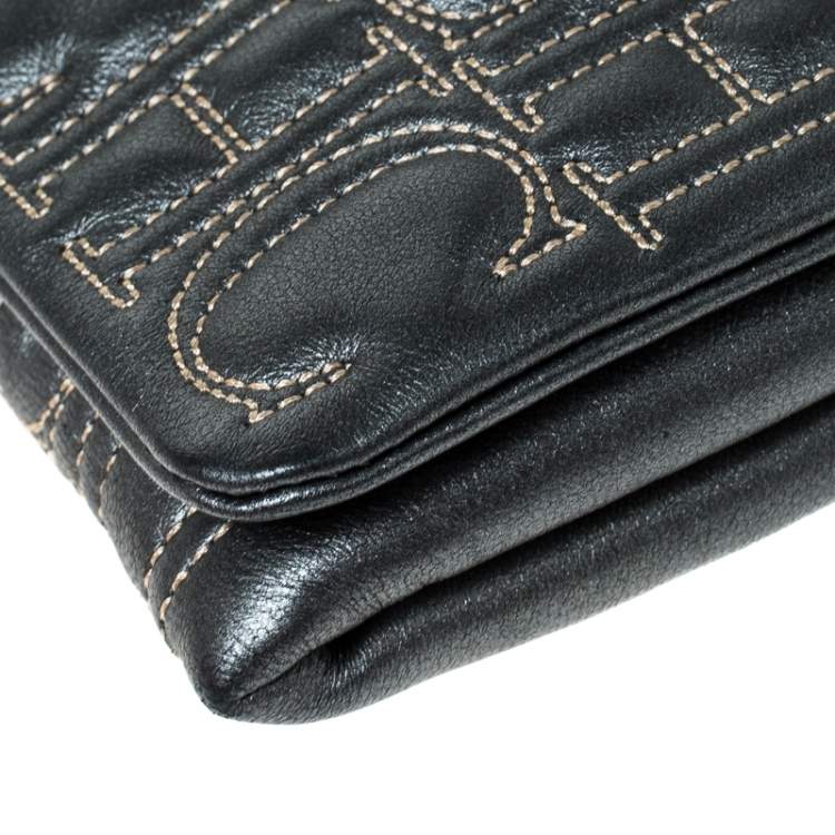 Pre Owned Carolina Herrera Dark Grey Monogram Leather Flap Continental Wallet