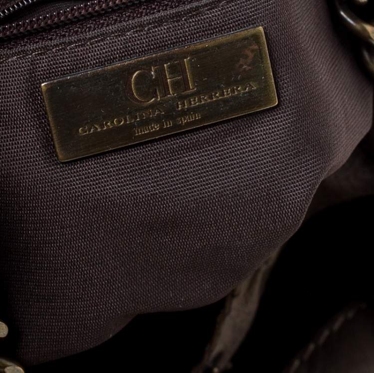 Pre Owned Carolina Herrera Olive Green Monogram Leather Chain Tote