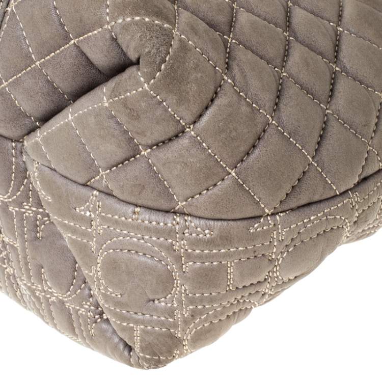 Pre Owned Carolina Herrera Olive Green Monogram Leather Chain Tote
