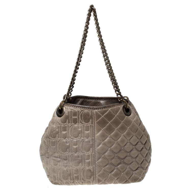 Pre Owned Carolina Herrera Olive Green Monogram Leather Chain Tote