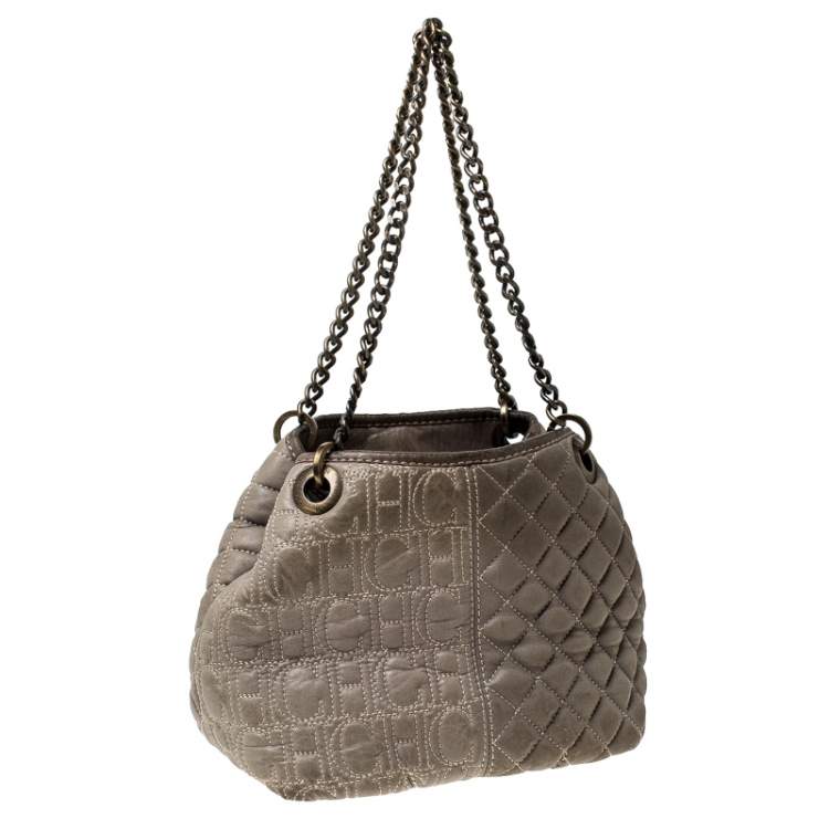 Pre Owned Carolina Herrera Olive Green Monogram Leather Chain Tote